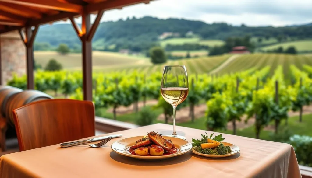 An image of a dining table at a winery with a wine glass and gourmet meal