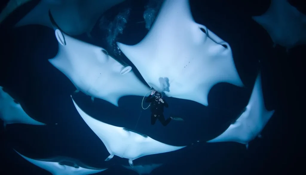 An image of a diver surrounded by manta rays at night.