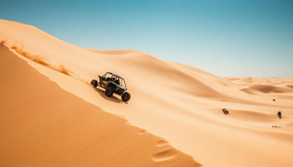 An image of a dune buggy riding up a large sand dune, with other buggies and sandboards in the background.