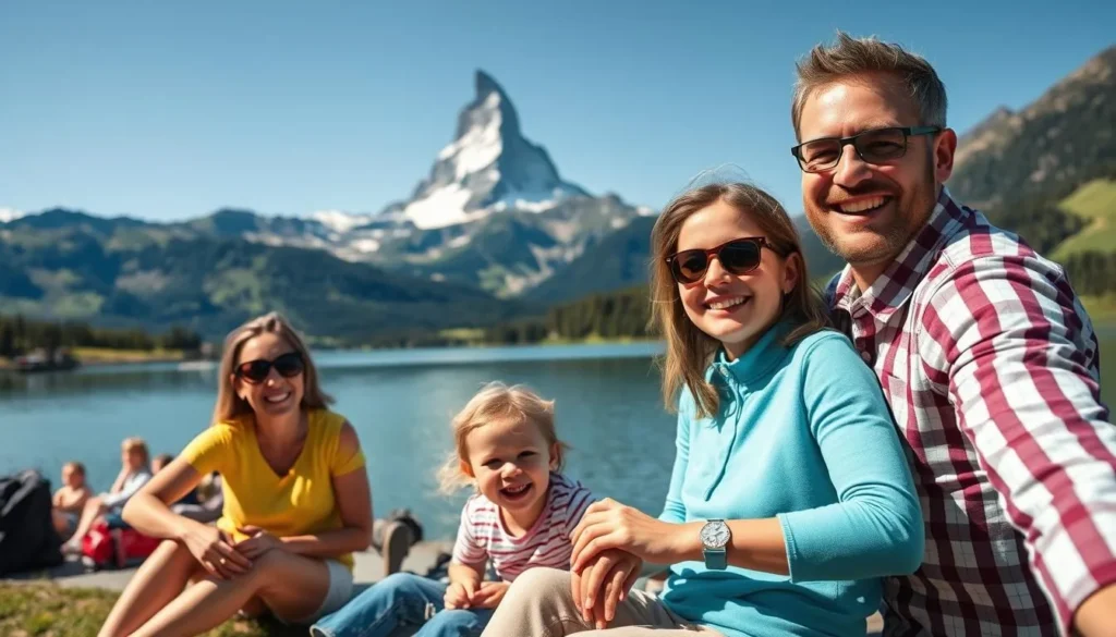 An image of a family enjoying a day at Leisee with the Matterhorn in the background