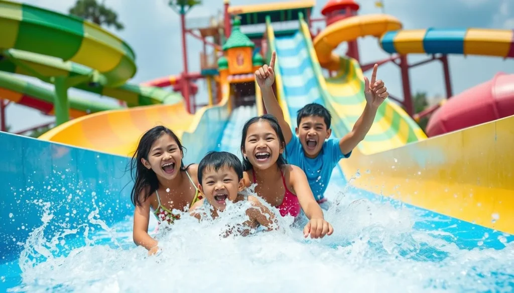 An image of a family enjoying the water slides at Monsoon Lagoon Water Park
