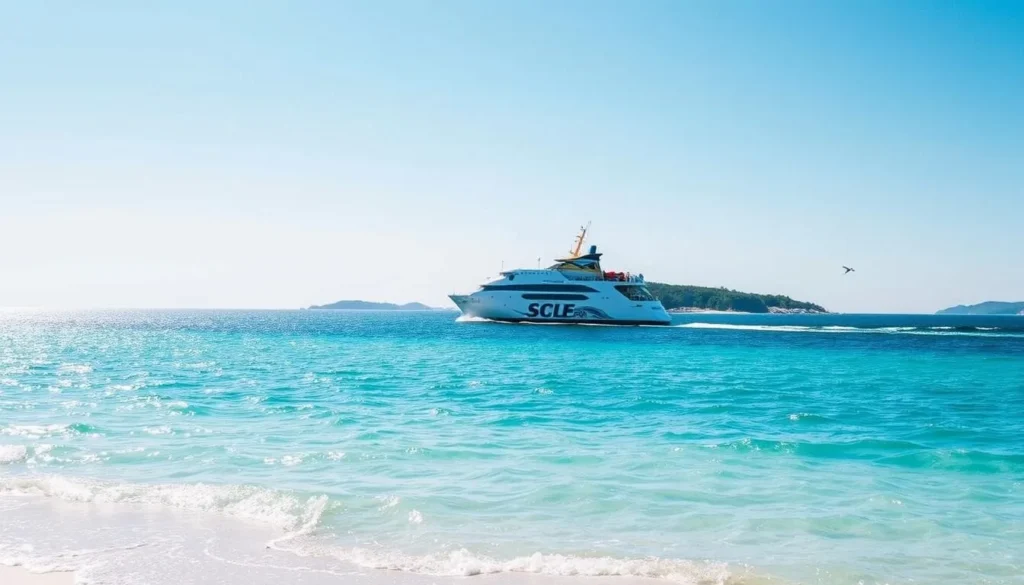 An image of a ferry boat approaching Ship Island with clear blue waters and a sandy beach.