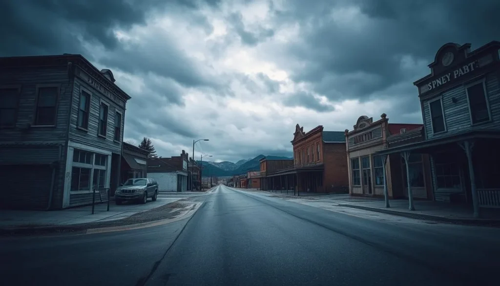 An image of a ghost town with old buildings and a deserted street