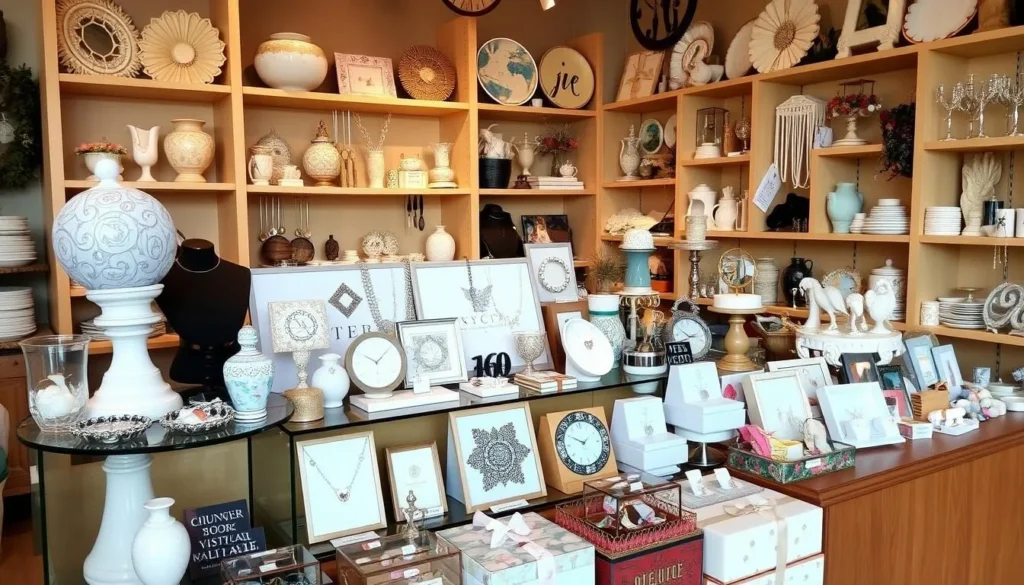 An image of a gift shop with an assortment of decorative items, jewelry, and unique gifts.