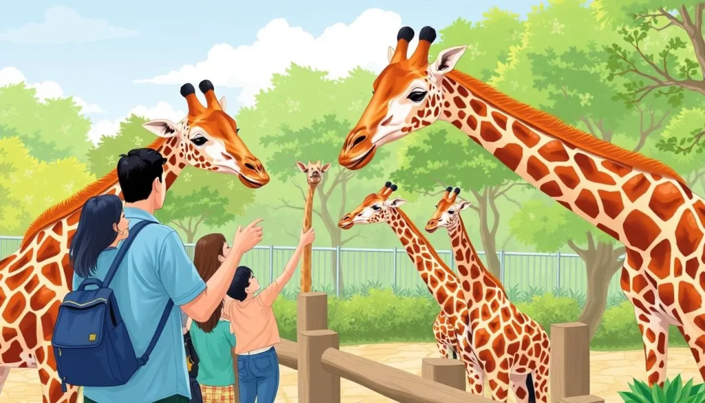 An image of a giraffe feeding station at Khao Kheow Open Zoo, with visitors interacting with the giraffes.