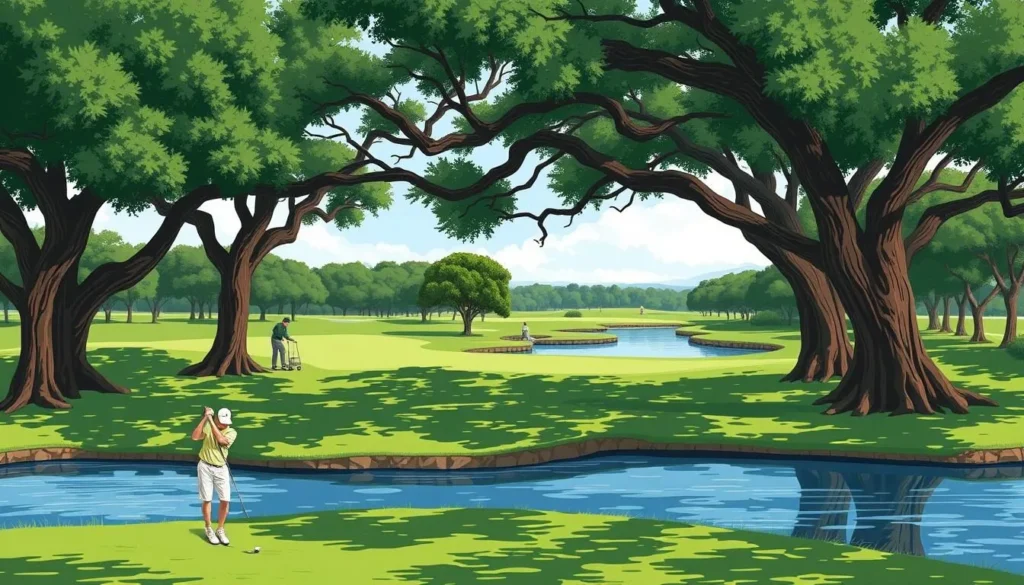 An image of a golfer at Coral Oaks Golf Course, surrounded by oak trees and water hazards.