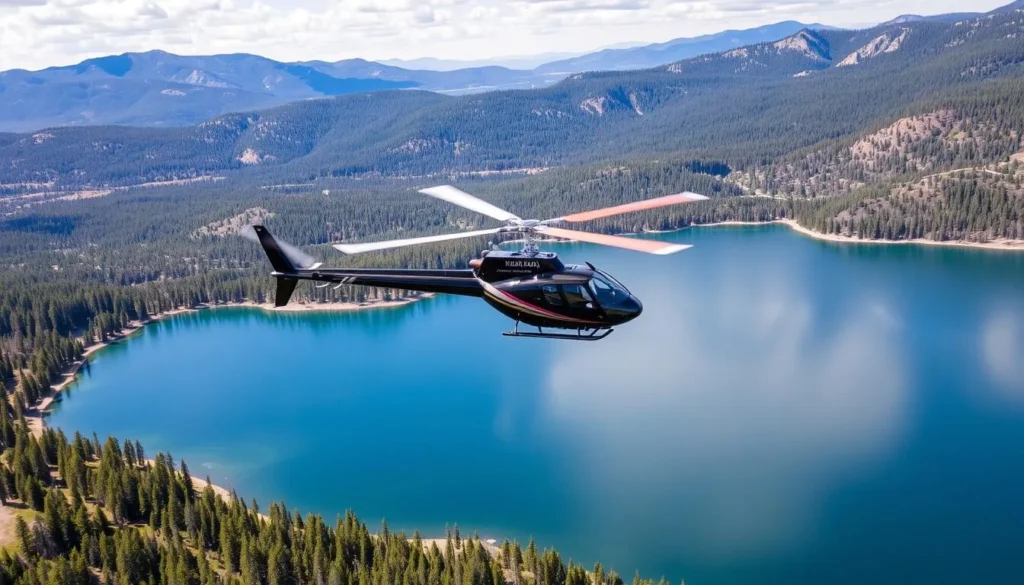 An image of a helicopter flying over Big Bear Lake