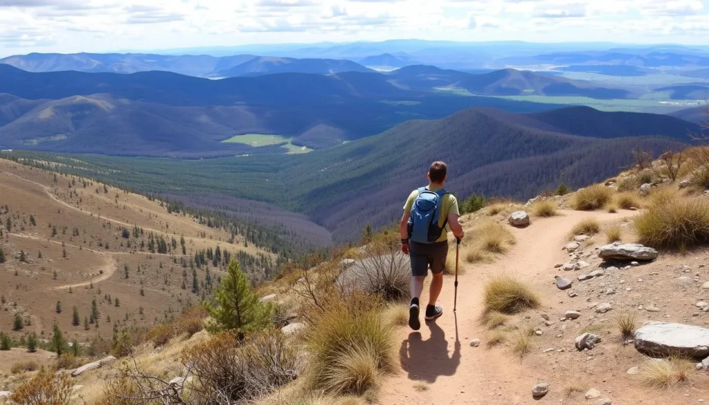 An image of a hiker on a trail in Jefferson County with a scenic overlook.