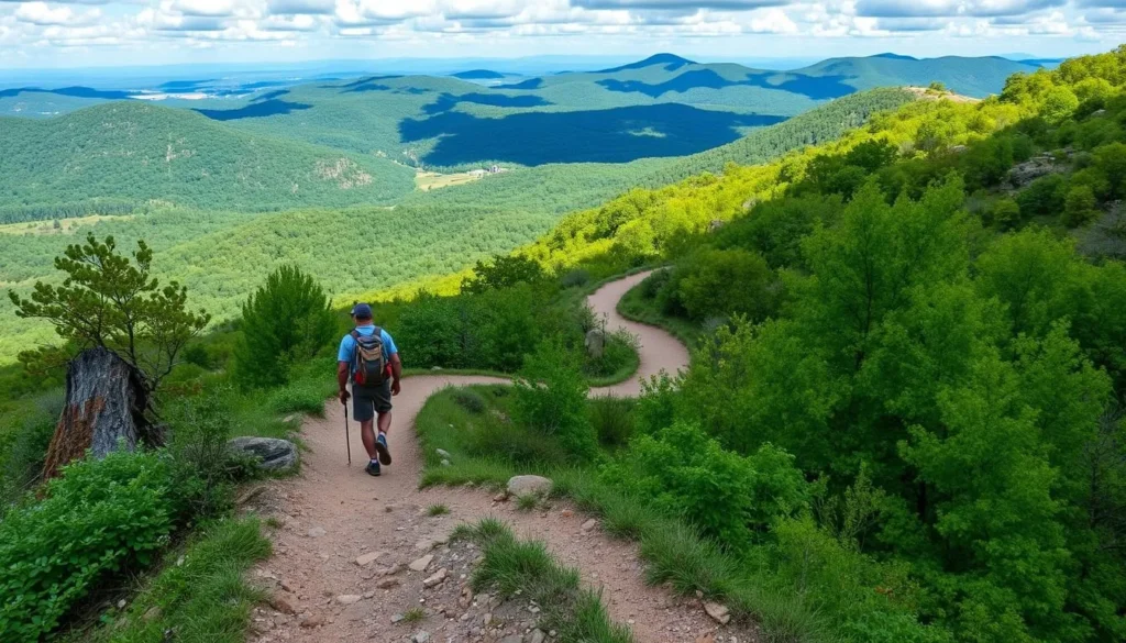 An image of a hiker on a trail in the Ozark Mountains, surrounded by lush greenery and scenic views.