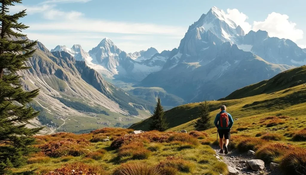 An image of a hiker on the trails of Andermatt with the Swiss Alps in the background