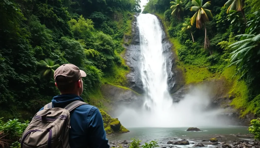 An image of a hiker standing in front of a waterfall in Mount Hoyo Forest