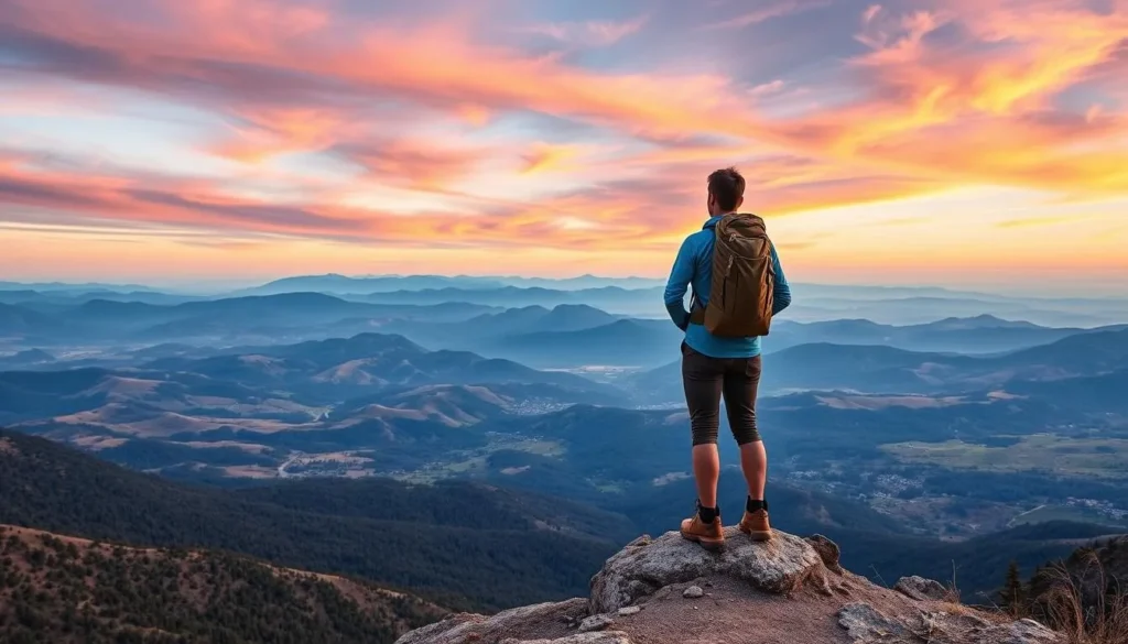 An image of a hiker standing on a ridge with a vast, open landscape behind them.