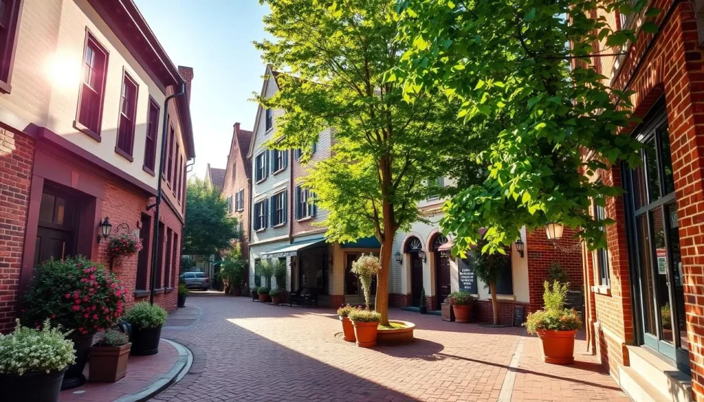 An image of a historic brick-lined street in German Village, Columbus, Ohio.