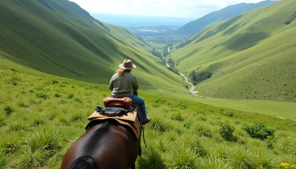 An image of a horseback rider traversing through the lush green hills of Masisi, with a serene valley in the background.