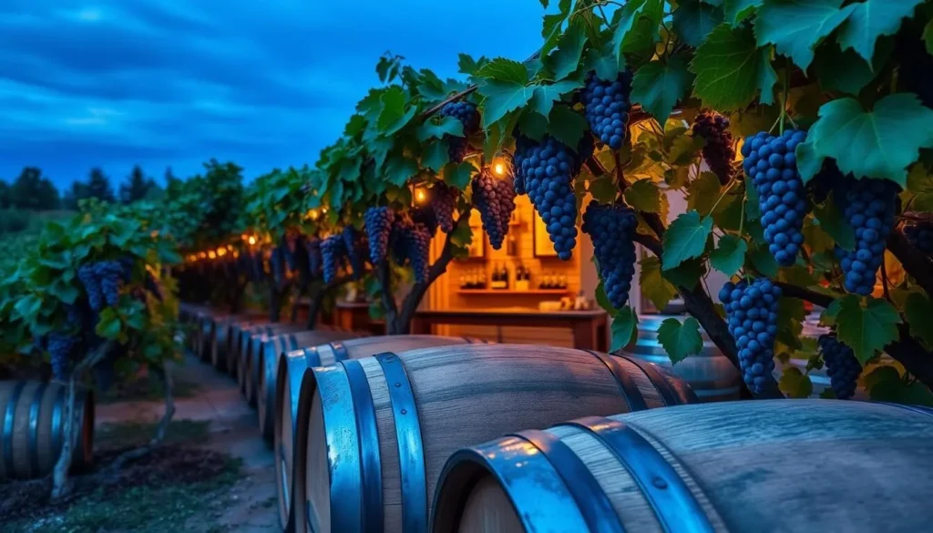 An image of a local winery in Cape Girardeau with wine barrels and grapes.