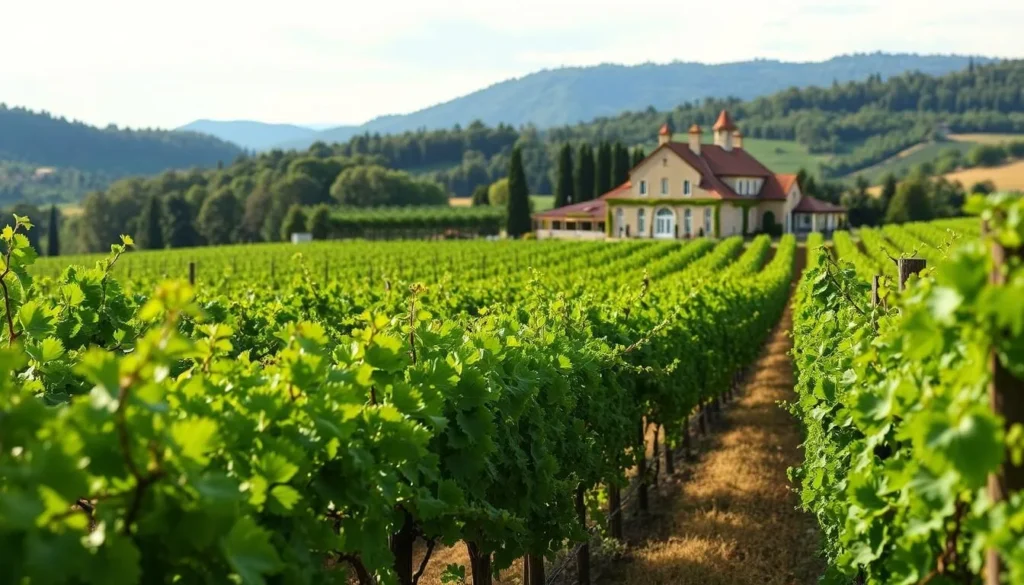 An image of a lush, green vineyard in Rhône Valley with a biodynamic winery in the background.