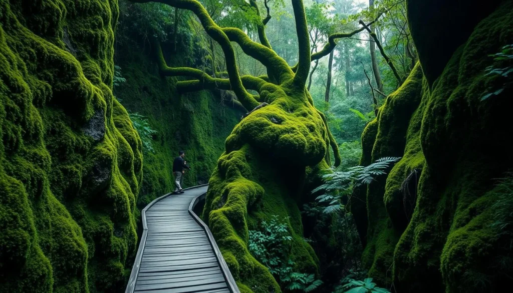 An image of a lush, moss-covered rainforest with a narrow boardwalk trail.