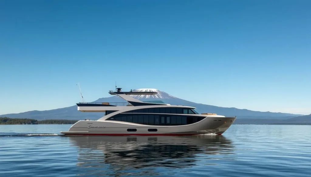 An image of a luxurious houseboat on Shasta Lake with Mt. Shasta in the background