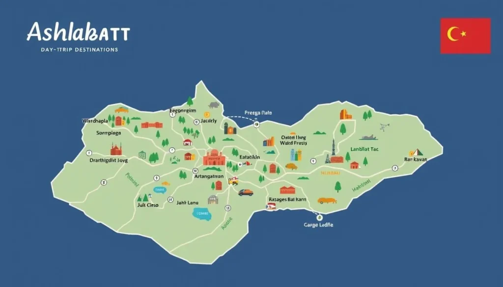 An image of a map showing day trip locations around Ashgabat