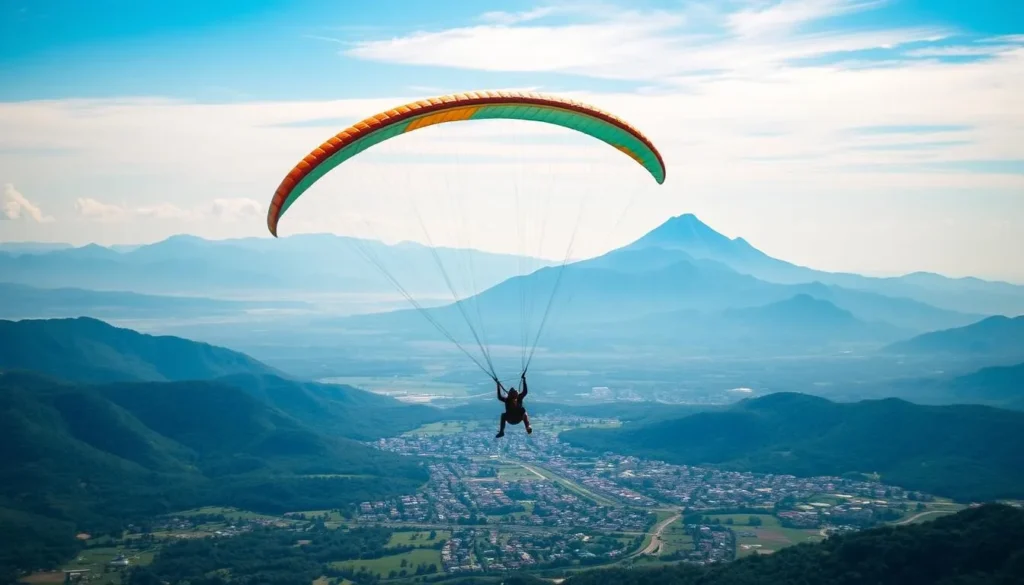 An image of a paraglider soaring above the landscape of Cagayan de Oro City, with the Sierra del Oro mountains in the background.