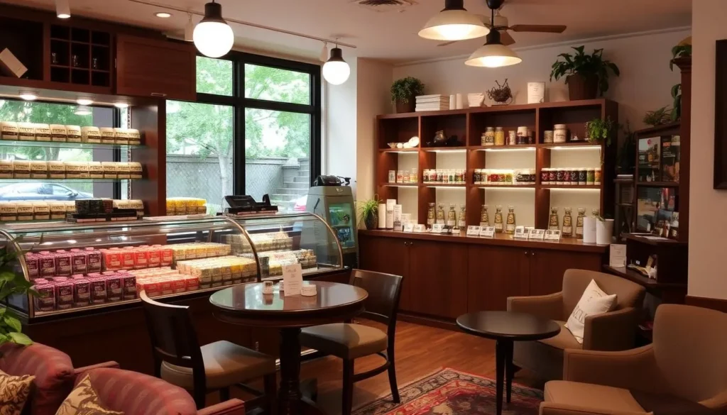 An image of a peaceful tea shop with an assortment of teas and comfortable seating.