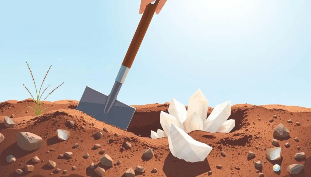 An image of a person digging in the ground with a shovel, uncovering selenite crystals.
