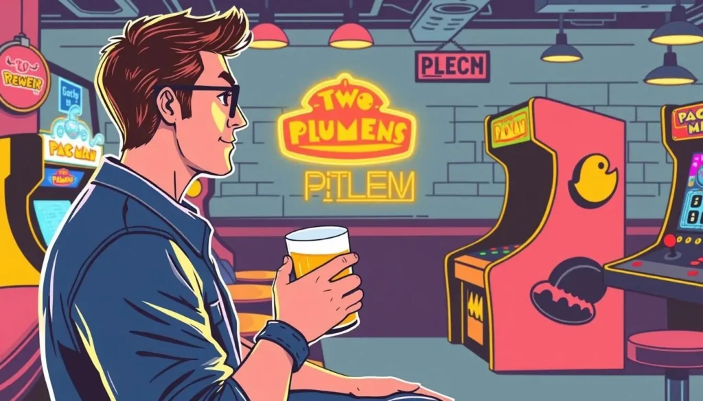 An image of a person enjoying a beer while playing Pac-Man at Two Plumbers Brewery + Arcade.