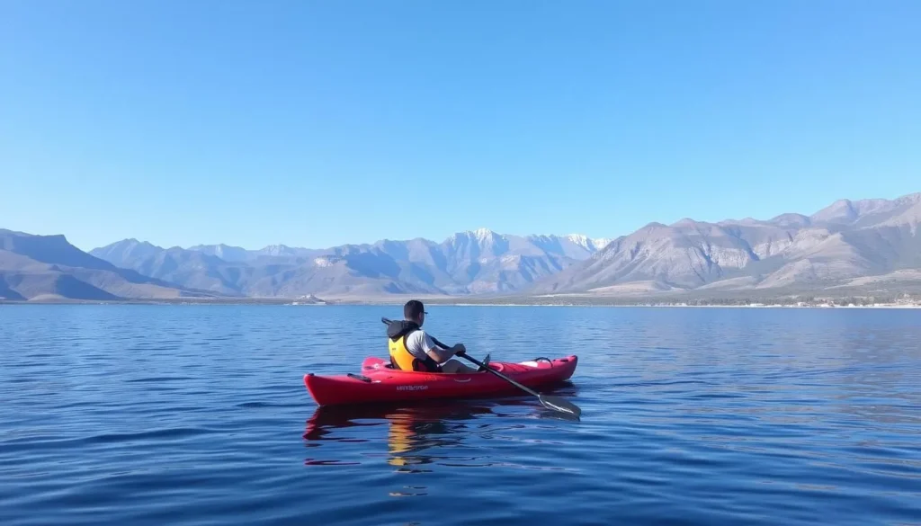 An image of a person kayaking on Mountain Meadows Reservoir with surrounding mountains in the background.