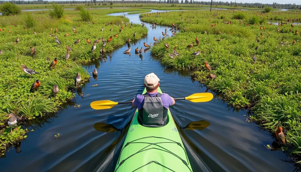 An image of a person kayaking through the slough's many channels, surrounded by diverse bird species and lush vegetation.