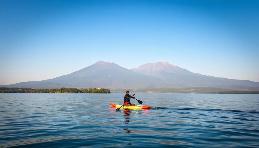 An image of a person paddleboarding on Lake Kivu with volcanic peaks in the background.