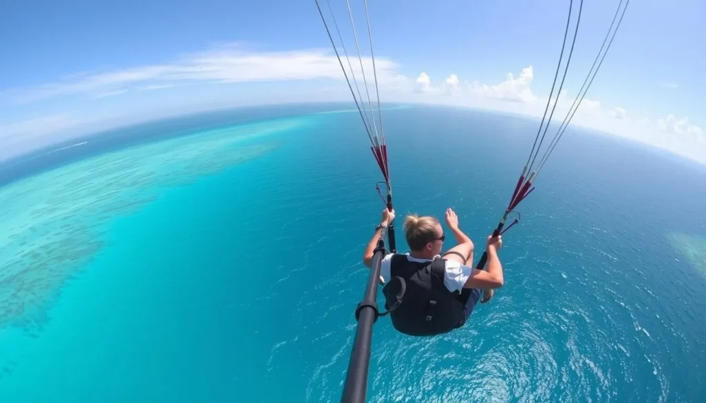 An image of a person parasailing over the emerald waters of Destin