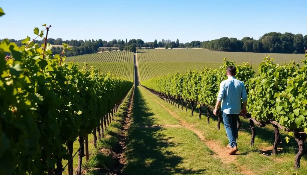 An image of a person walking through an organic vineyard in Bordeaux.