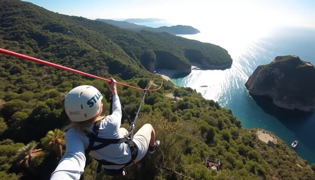 An image of a person ziplining over Santa Catalina Island's scenic landscape
