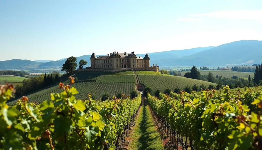An image of a picturesque Côtes du Rhône vineyard with a historic château in the background.