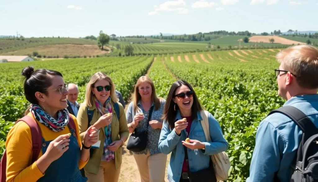 An image of a pistachio farm with a tour group and fresh pistachios