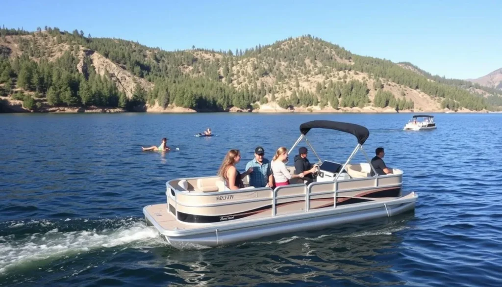 An image of a pontoon boat on Big Bear Lake with people enjoying water activities.