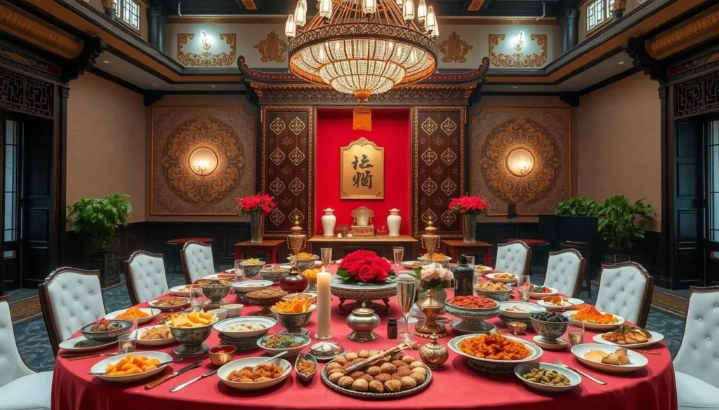 An image of a royal banquet dinner setup in Hue, Vietnam, with traditional Vietnamese dishes and imperial decor.
