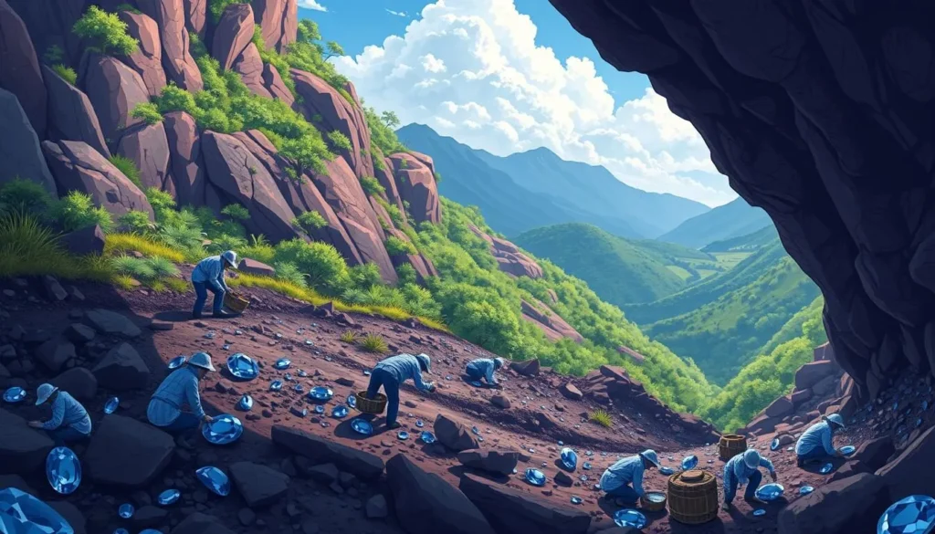 An image of a sapphire mine in Chanthaburi, Thailand, with miners extracting precious stones.