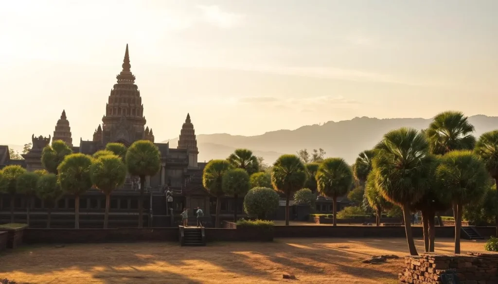 An image of a scenic day trip route from Siem Reap, Cambodia, showcasing a mix of temples and natural landscapes.
