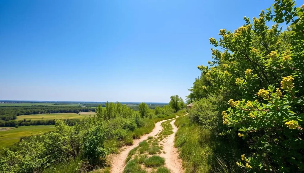 An image of a scenic hiking trail in Lincoln, Nebraska, with lush greenery and a winding path.