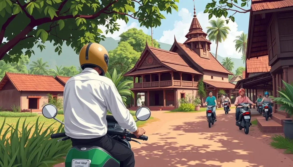 An image of a scooter ride through a rural Cambodian village