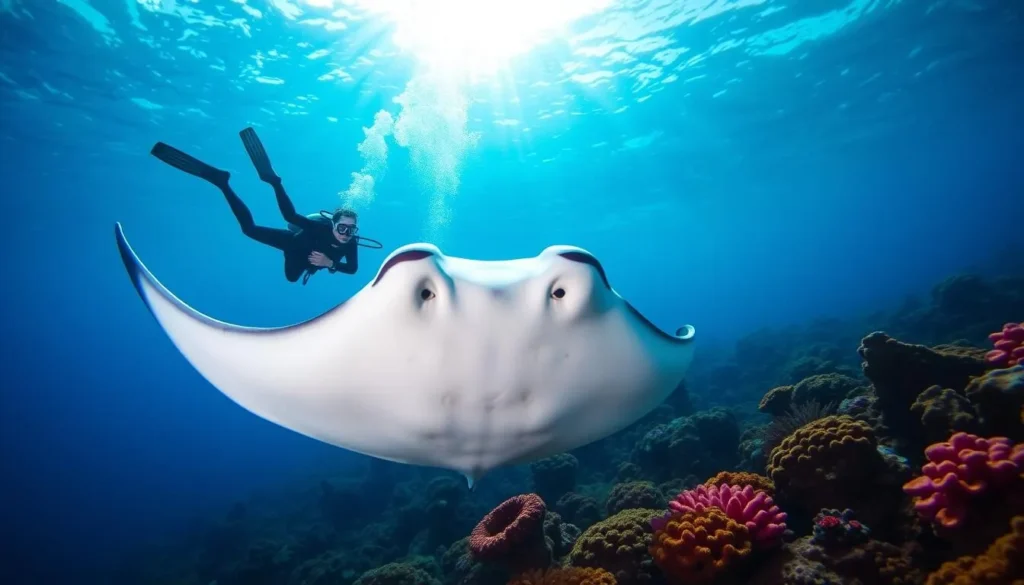 An image of a scuba diver interacting with a manta ray in the crystal-clear waters of Hiva Oa.