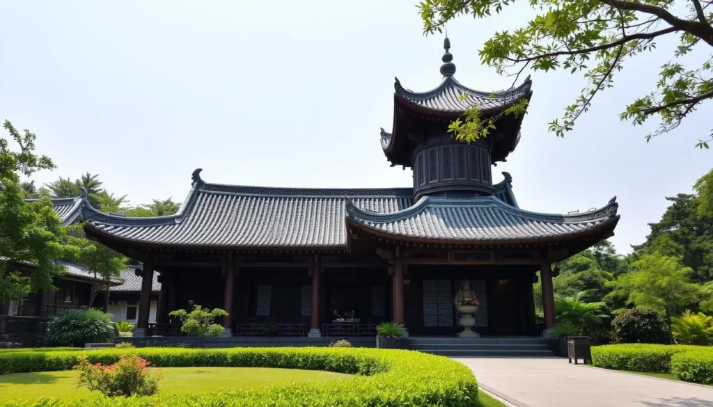An image of a serene Taiwanese temple surrounded by lush greenery and traditional architecture.