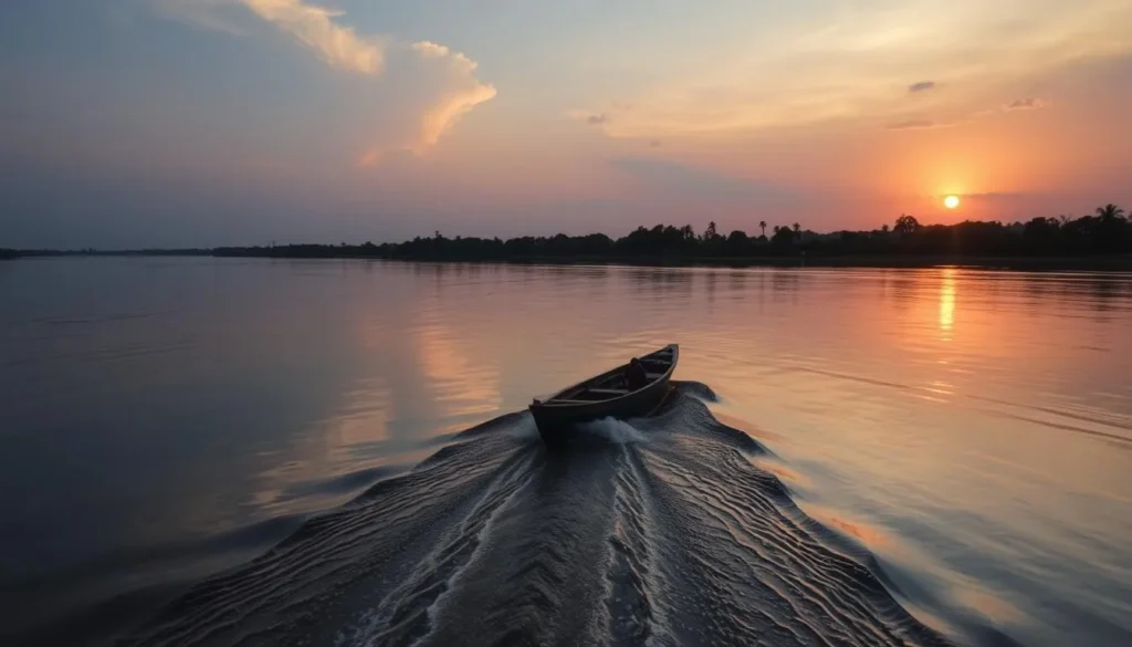 An image of a serene boat ride on the River Niger in Onitsha, Nigeria, during sunset.
