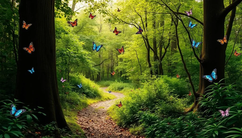 An image of a serene forest path surrounded by lush greenery and colorful butterflies
