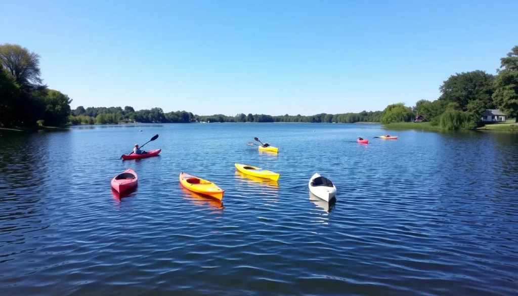 An image of a serene lake in Lincoln, Nebraska, with kayaks and paddleboards on the water.