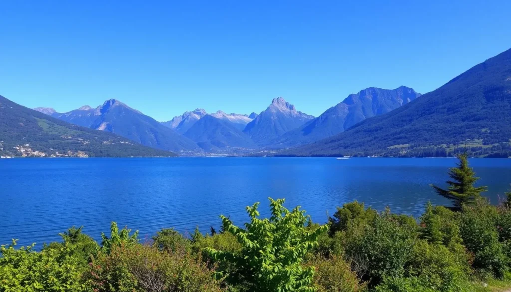 An image of a serene lake surrounded by lush greenery and mountains in the background.