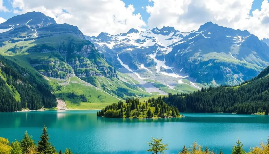 An image of a serene lake surrounded by mountains and lush greenery along the 6-Lake Trail in St. Moritz.