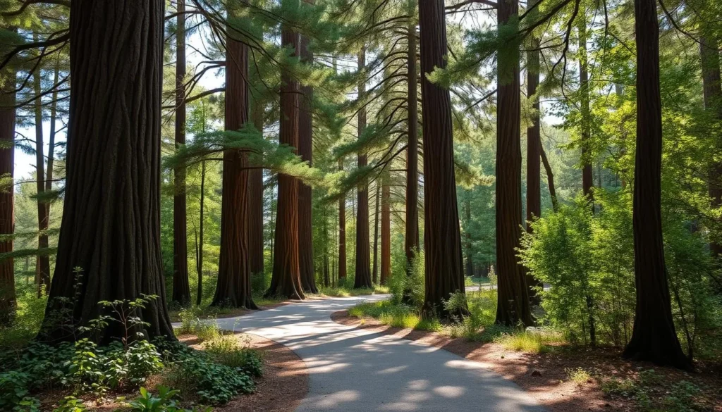 An image of a serene pathway through the Barouk Cedar Forest, with towering cedar trees lining the way.