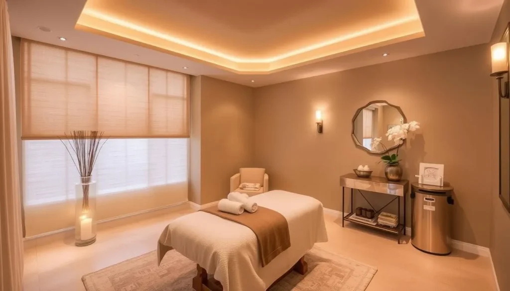 An image of a serene spa treatment room at The Fifth Avenue Spa in San Rafael, California.